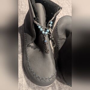 Grey Speckled Leather Moccasin Boots with Beaded Charm